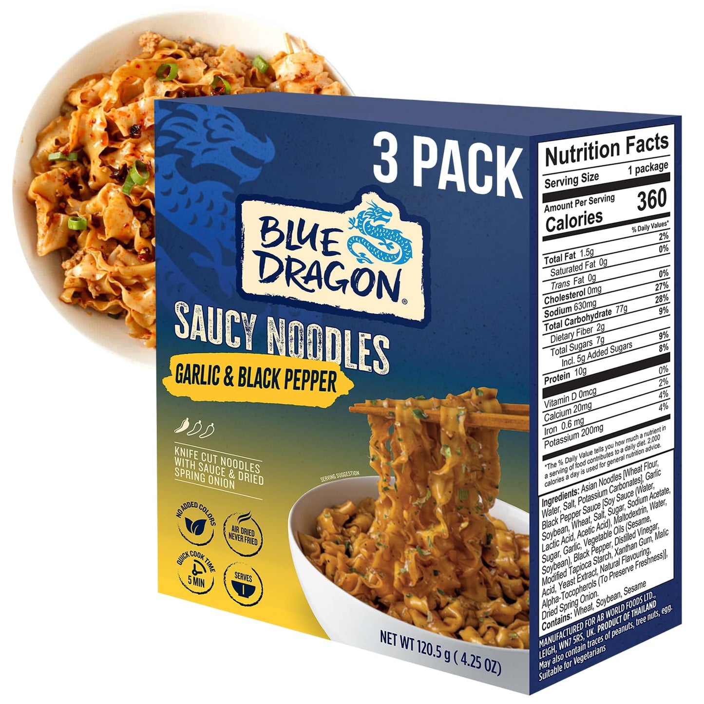 Blue Dragon Garlic & Black Pepper Saucy Noodles - 4.25oz (Pack of 3) - Knife Cut Air Dried Noodles w/Garlic & Black Pepper Sauce & Spring Onion Garnish - Quick & Easy Meal with Bold Asian Flavors