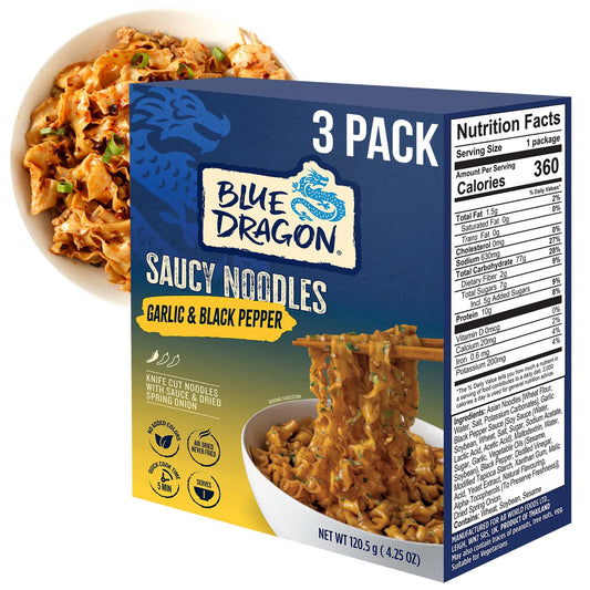 Blue Dragon Garlic & Black Pepper Saucy Noodles - 4.25oz (Pack of 3) - Knife Cut Air Dried Noodles w/Garlic & Black Pepper Sauce & Spring Onion Garnish - Quick & Easy Meal with Bold Asian Flavors