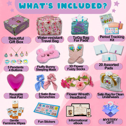 The Bloom First Period Kit for Girls 9-12 - 78 PC Period Starter Kit for Tweens- School Emergency Kit for Teen Girls with Cute Little Bag - First Period Gifts for Girls - First Period Gift Box