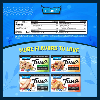 FinerFin Yellowfin Tuna Fillets in Organic Olive Oil | Zesty Lemon Flavor | Premium Canned Tuna Fish with EVOO | Gourmet Ready-to-Eat Pole & Line Caught Fillets | 4.4oz can - 6 Pack