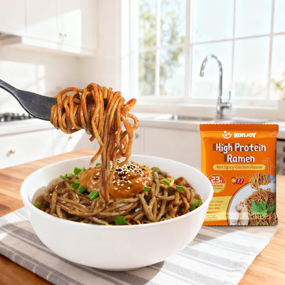KONJOY High Protein Ramen Noodles - Hot Spicy Chicken Flavor, 23g Plant Based Protein, Low Fat & Non Fried, Non-GMO, Vegan Instant Noodles, 5 Pack