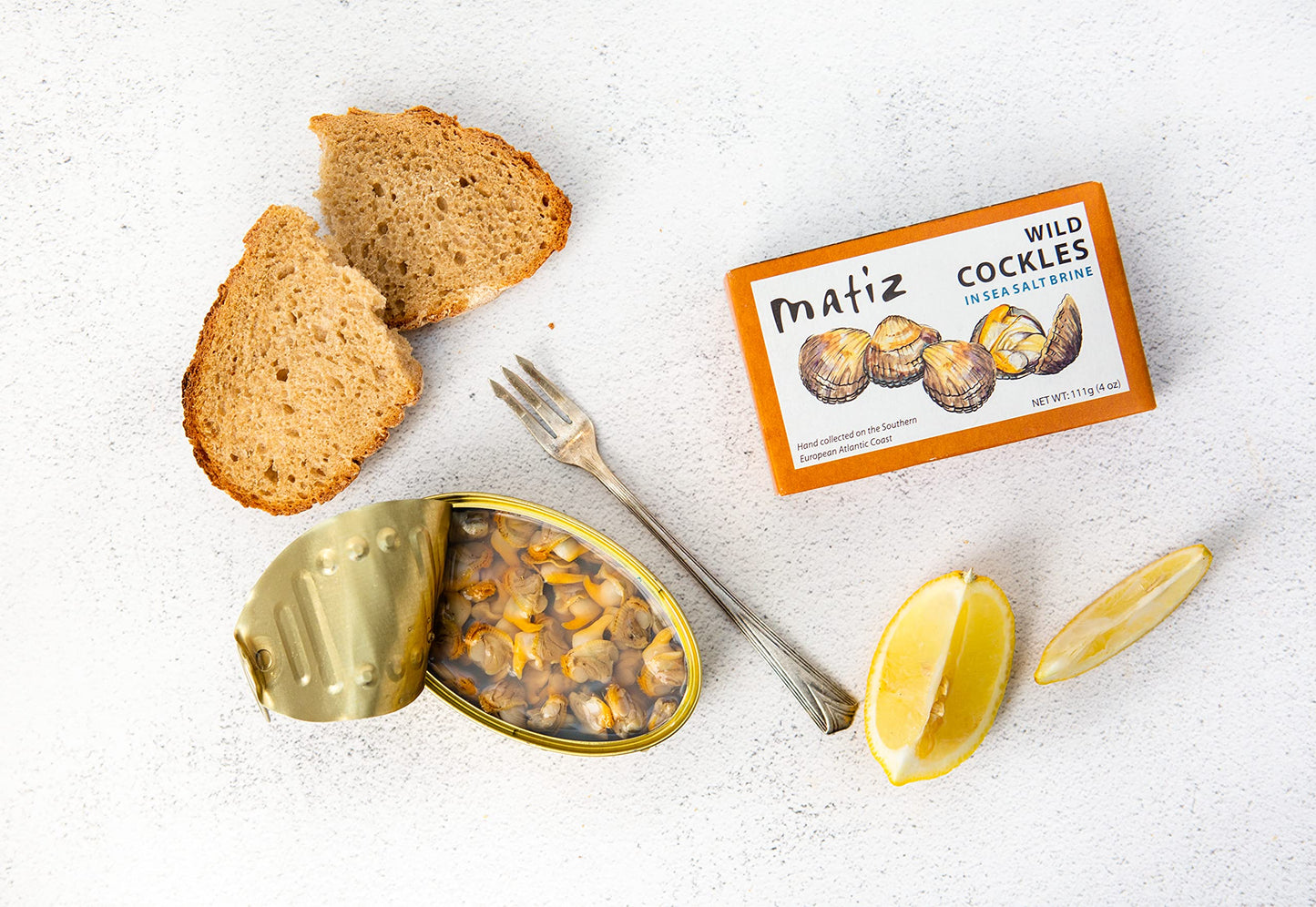 Matiz España Wild Cockles from Galicia, Spain in Natural Sea Salt Brine (4 oz.) Spanish Berberechos, Small Clams, Hand Packed, Size 45/55 (Pack of 1)