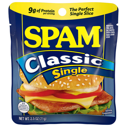 SPAM Classic Single, 9 Grams of Protein Per Serving, 2.5 oz Single Pouches, (12 Pack)