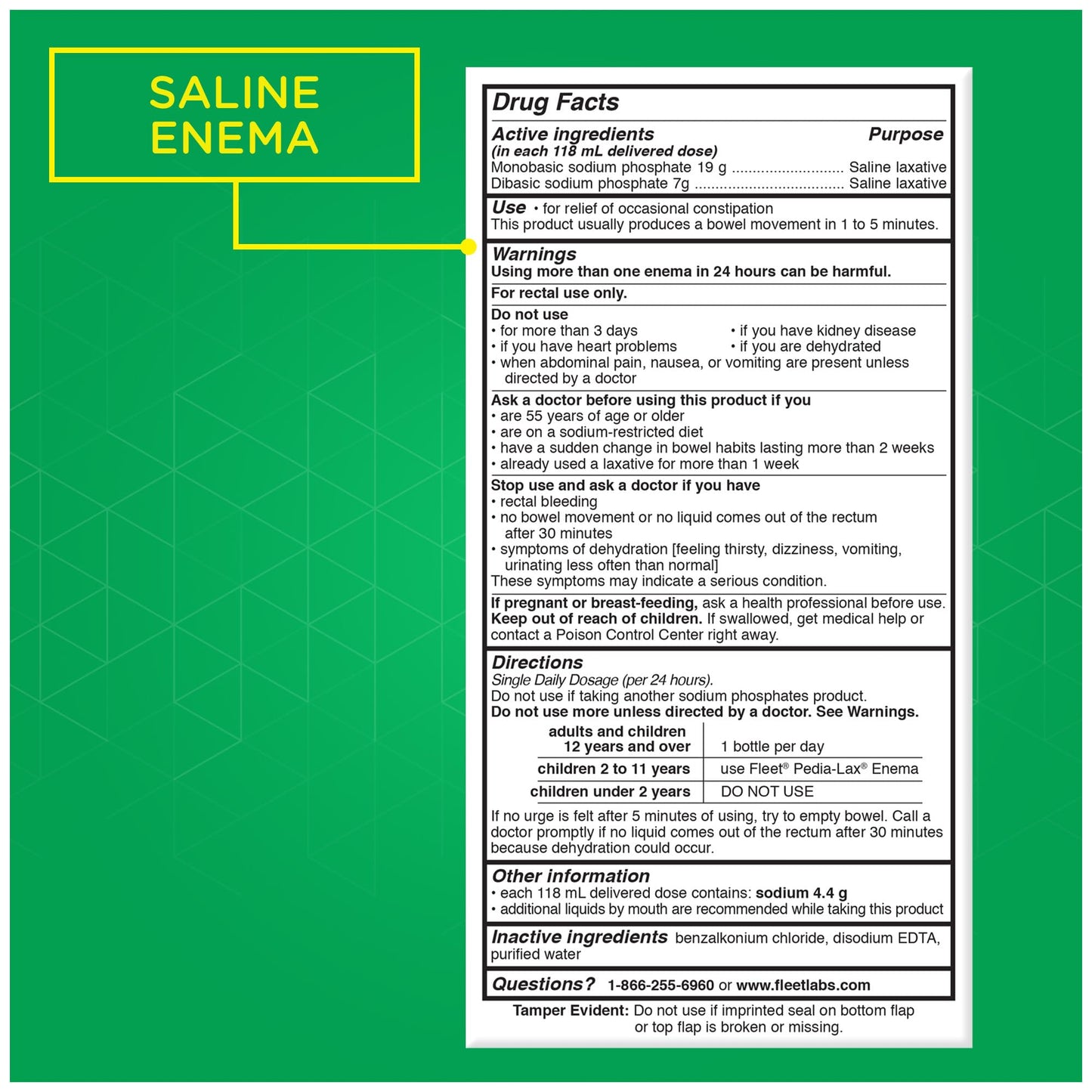 Fleet Laxative Saline Enemas for Constipation Relief for Adults, Fast and Effective, 2 Bottles per Pack, 4.5 Fl Oz Each, Pack of 6