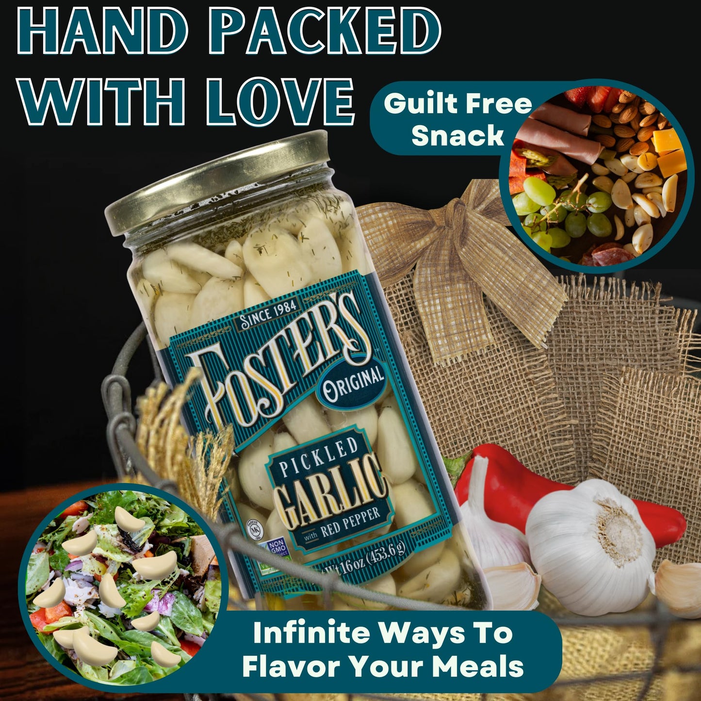 Foster's Pickled Garlic Cloves in a Jar, Original, 16oz, 2 Pack, Traditional Pickled Vegetables Recipe for over 40 years, Low Calorie Snack, Gluten Free, Fat and Preservative Free Pickles
