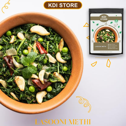 KDI Store Lasooni Methi, USDA Organic Ready-to-Eat Indian Curry, Freeze-Dried, Garlicky Spiced,50g