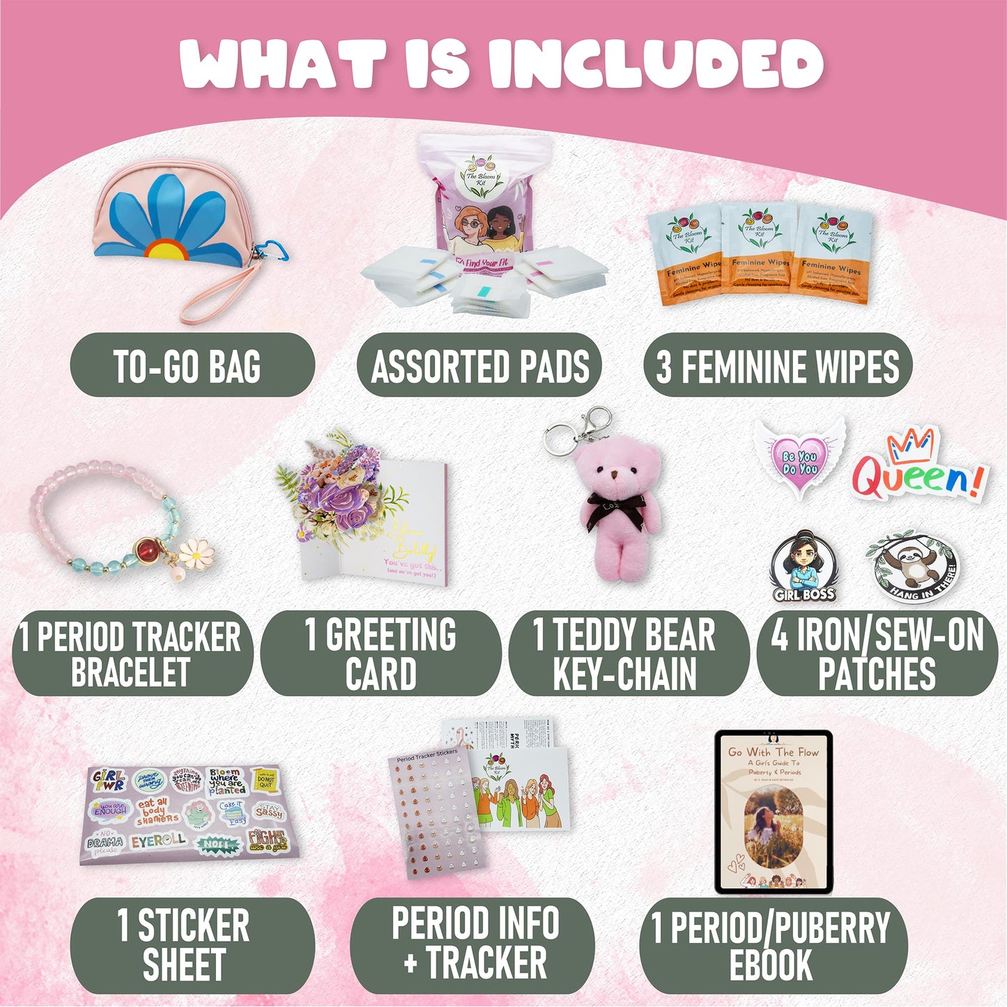 The Bloom First Period Kit for Girls 9-12 - 60 PC Period Starter Kit for Tweens - School Emergency Kit for Teen Girls with Cute Little Bags - First Period Gift Box (Green & Pink)