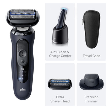 Braun Electric Razor for Men Series 6 with Precision Trimmer, Extra Shaver Head, 4-in-1 Clean & Charge Center, Travel Case, S6 6177ps