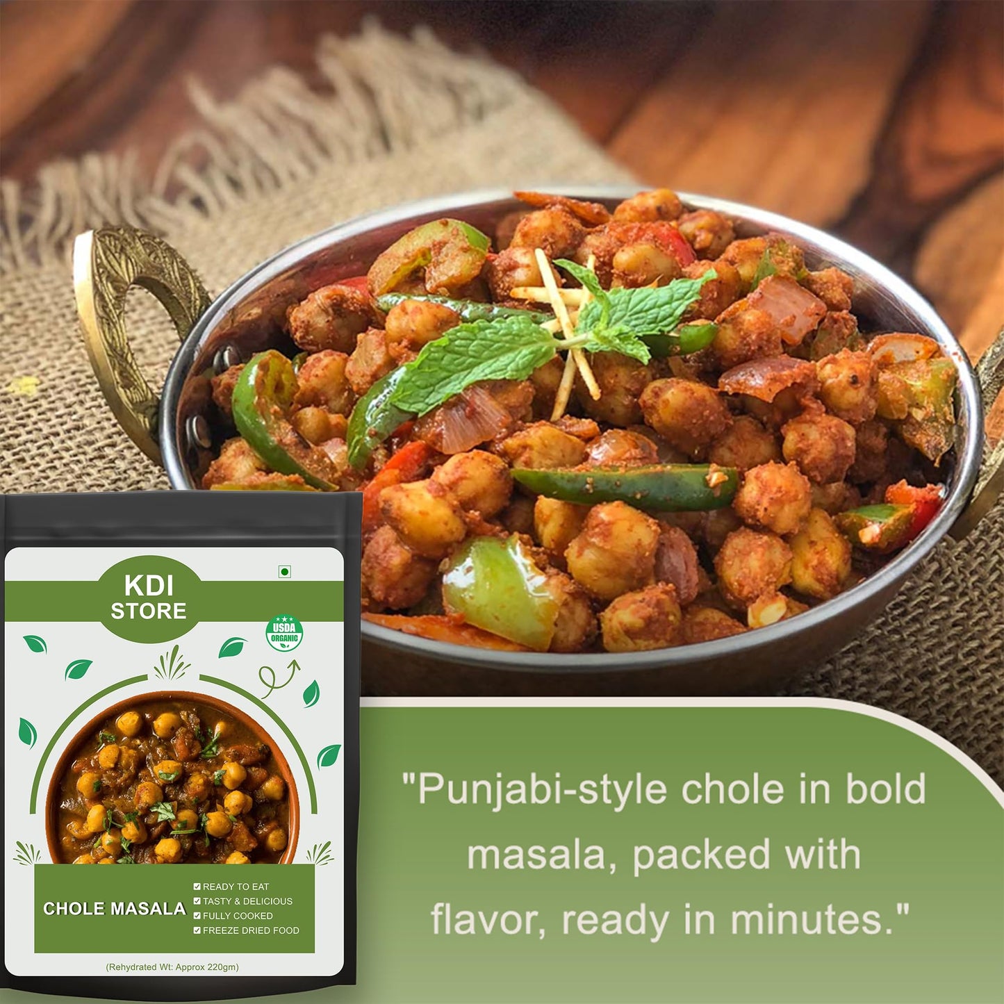 KDI Store Chole Masala, Ready to Eat Punjabi Style Chickpea Curry, Freeze Dried, USDA Organic, 65g