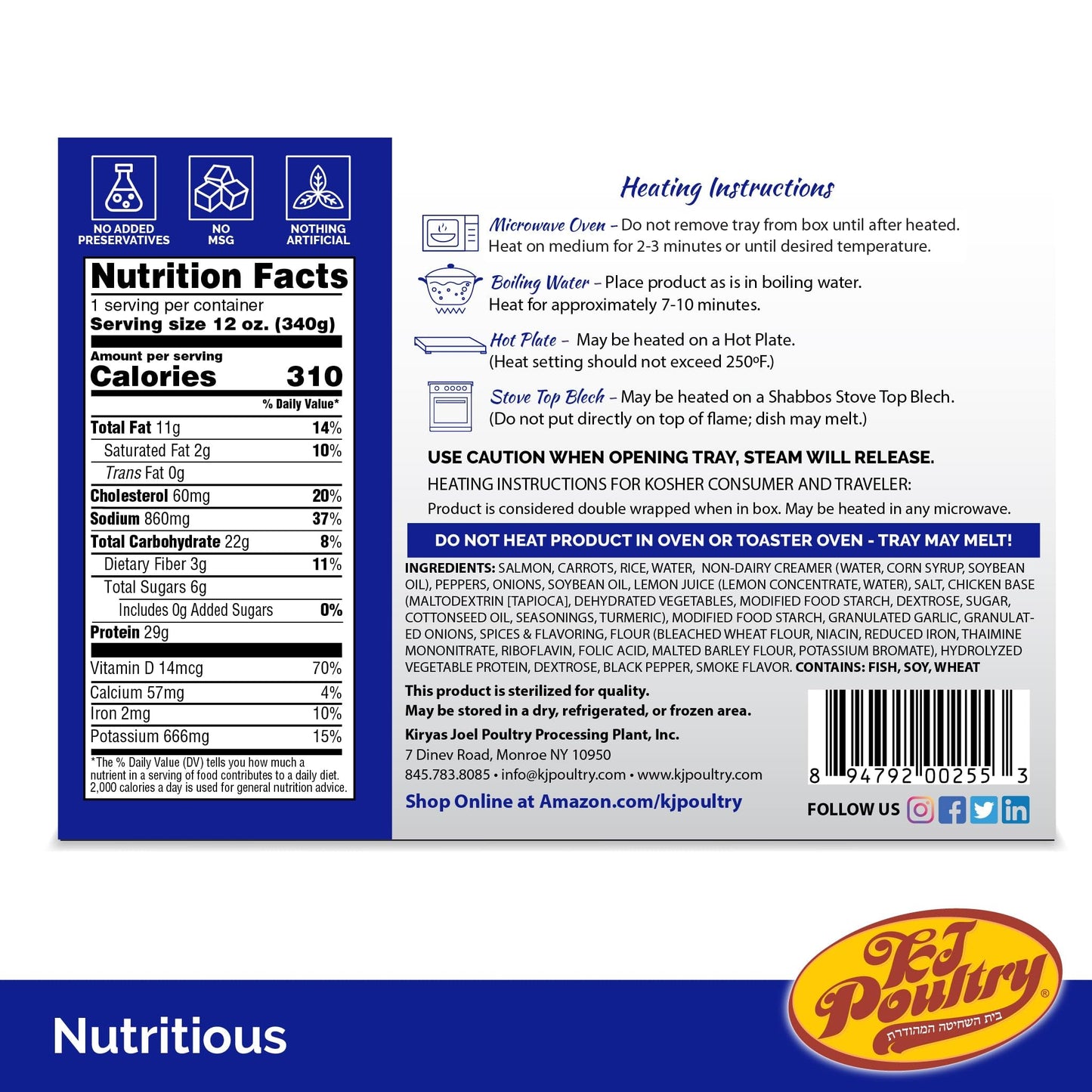 KJ Poultry Kosher Ready Meals - Salmon Fillet Fish, Parve MRE Meal Ready to Eat, Protein Food, Halal, (1 Pack) Prepared Entree Fully Cooked, Shelf Stable Microwave Dinner, Travel, Military, Camping