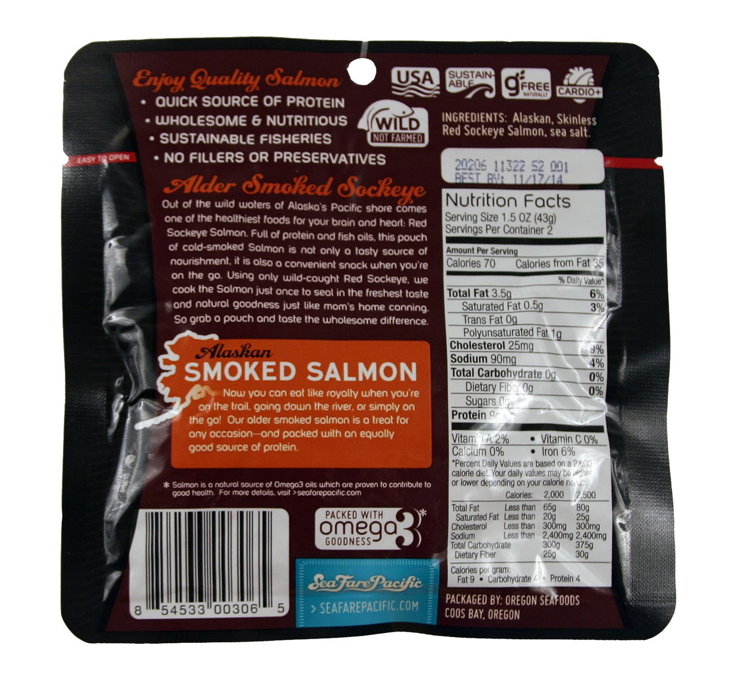 Sea Fare Pacific Wild Caught Smoked Sockeye Salmon Sport Pouch, 3 Ounce (Pack of 12)