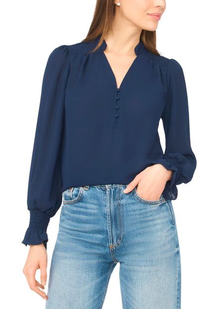CeCe Women's Long Sleeve Half Placket Smocked Top
