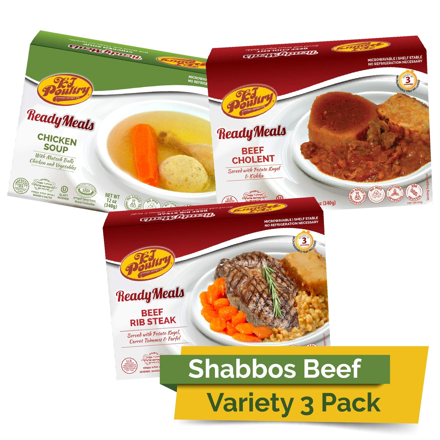 KJ Poultry Kosher Ready Meals - Shabbos Beef Variety (3 Pack) Prepared Entree Fully Cooked, Shelf Stable Microwave Dinner Travel Military Camping Emergency Survival Protein Food Supply