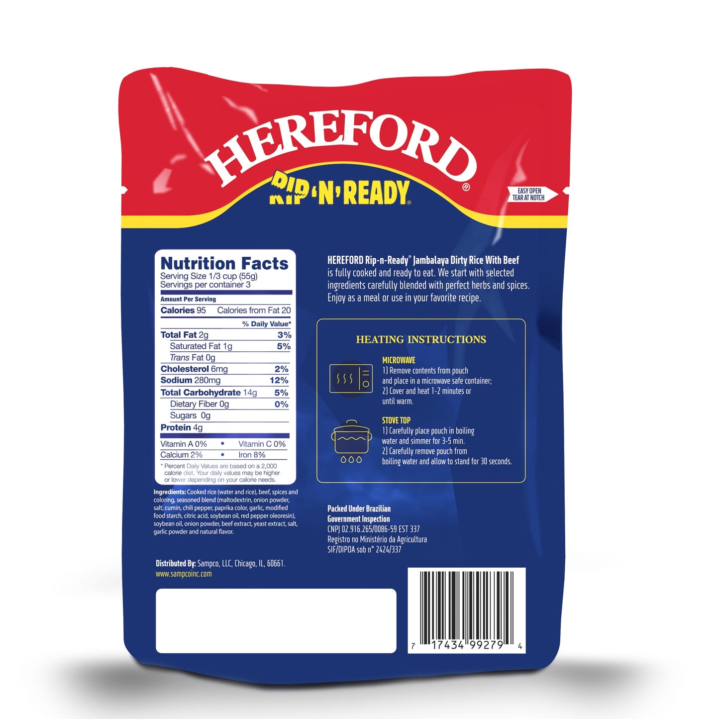 Hereford Jambalaya Dirty Rice with Beef | Shelf Stable | Fully Cooked | Ready-to-Eat | Beef Raised with No Added Hormones | 12g of Protein per Serving | 6oz per Pouch (Case of 12)