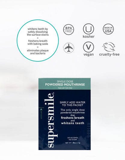 Supersmile Powdered Mouth Rinse - Clinically Proven to Freshen Breath and Whiten Teeth - Convenient TSA Approved On-the-Go Oral Mouthwash Packets - No Sugar or Alcohol