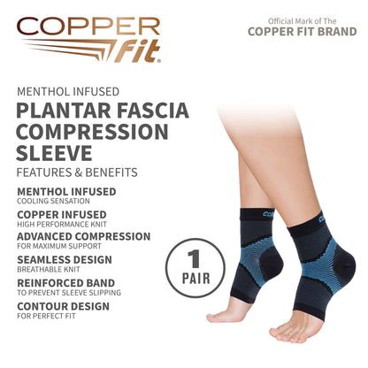 Copper Fit ICE Plantar Fascia Compression Foot and Ankle Sleeve Infused with Menthol, 1 Pair