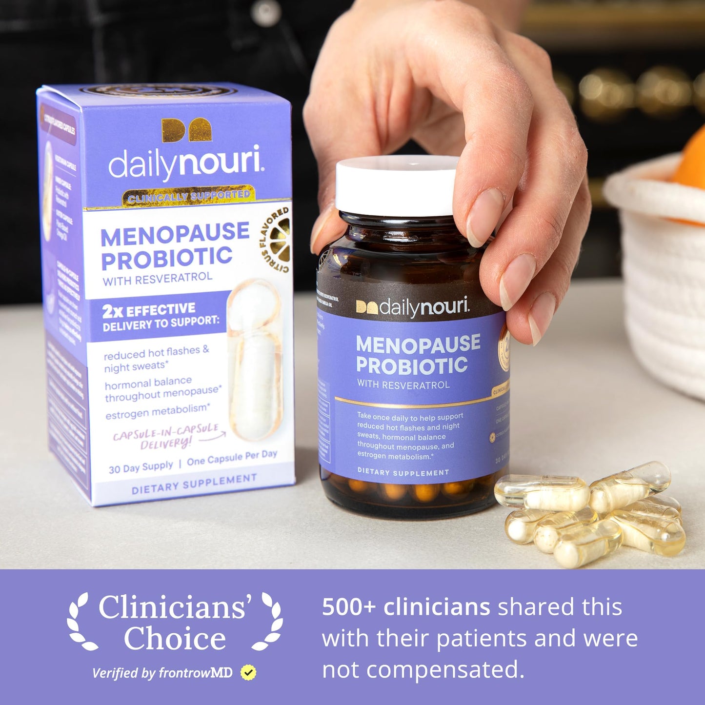 Daily Nouri Menopause Probiotics for Women | Hormonal Balance, Hot Flashes, Night Sweats & Gut Health | 3 Clinically Studied Strains + Resveratrol & Omega | 30-Day Supply