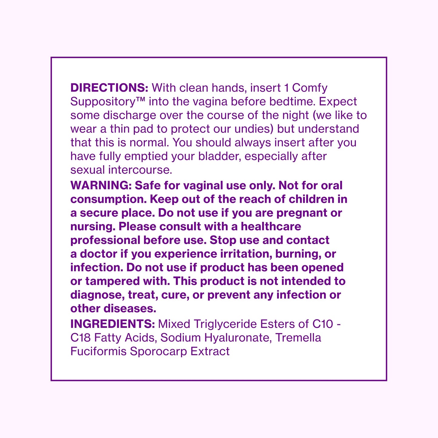Love Wellness Comfy Suppository | Vaginal Moisture Suppository | Hormone-Free with Hyaluronic Acid & Tremella Mushroom for Vaginal Dryness Support | 10 Count
