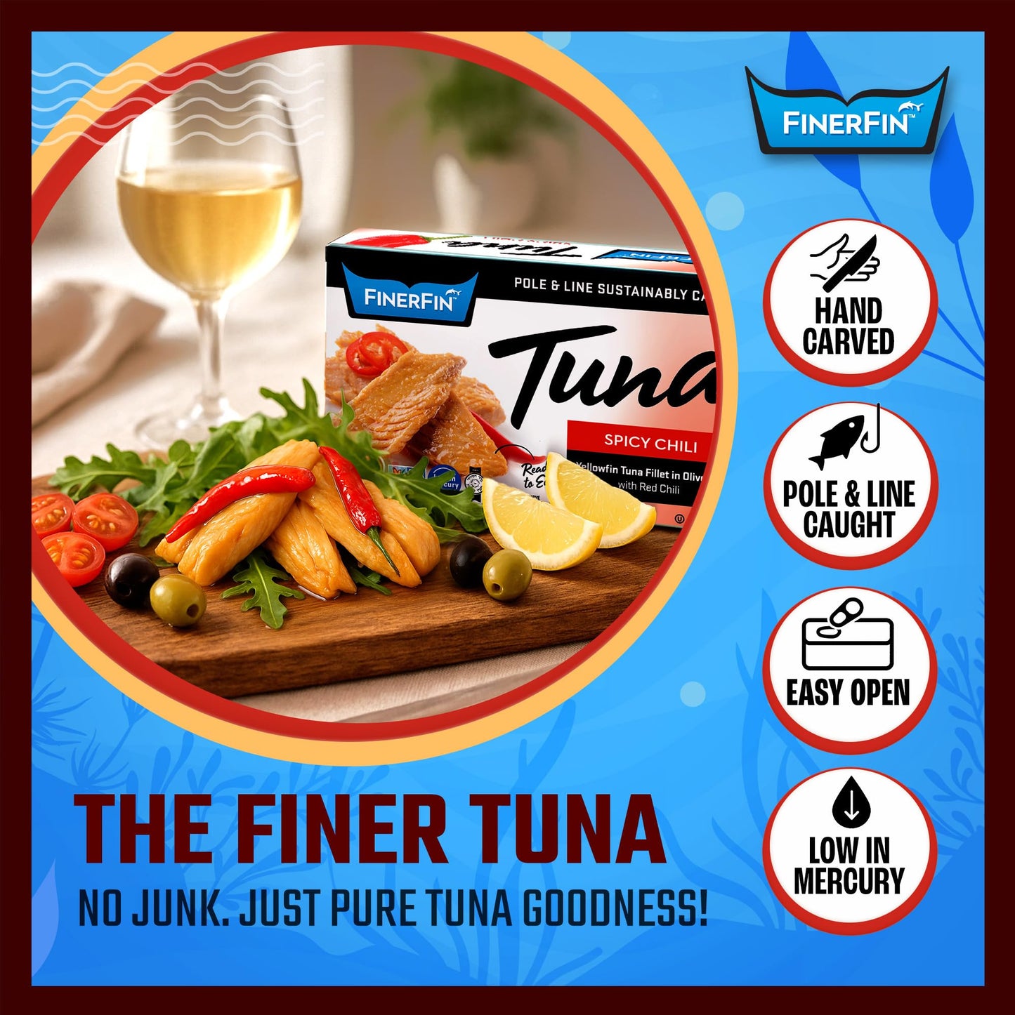 FinerFin Yellowfin Tuna Fillets in Organic Olive Oil | Spicy Chili Flavor | Premium Canned Tuna Fish with EVOO | Gourmet Ready-to-Eat Pole & Line Caught Fillets | 4.4oz can - 12 Pack