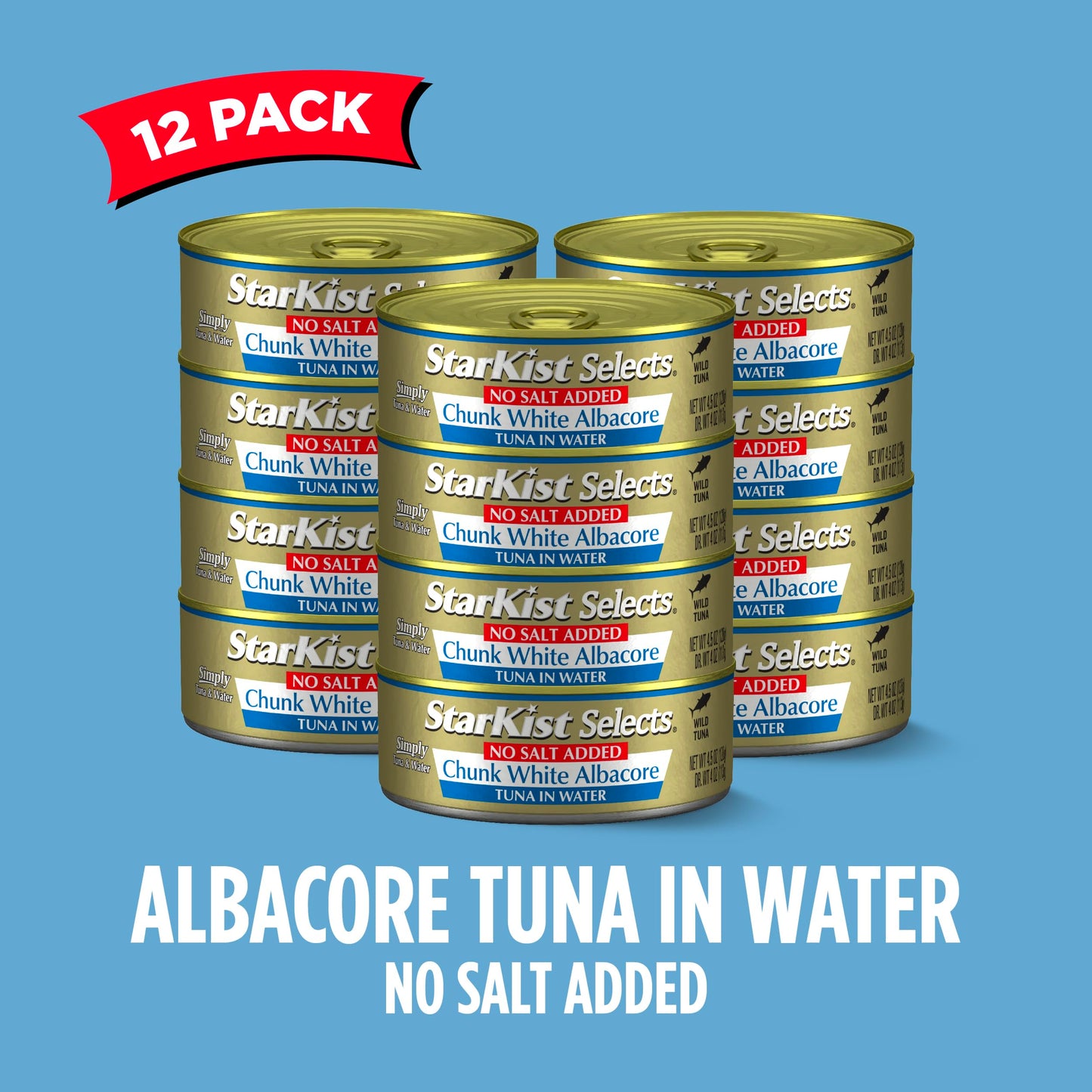 StarKist Selects No Salt Added Chunk White Albacore Tuna in Water, 4.5 oz (12 Pack) Canned Tuna Fish, Wild Caught, Gluten Free, Ready to Eat, Perfect for Salads, Keto Meals & Snacks, 30g Protein