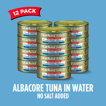 StarKist Selects No Salt Added Chunk White Albacore Tuna in Water, 4.5 oz (12 Pack) Canned Tuna Fish, Wild Caught, Gluten Free, Ready to Eat, Perfect for Salads, Keto Meals & Snacks, 30g Protein