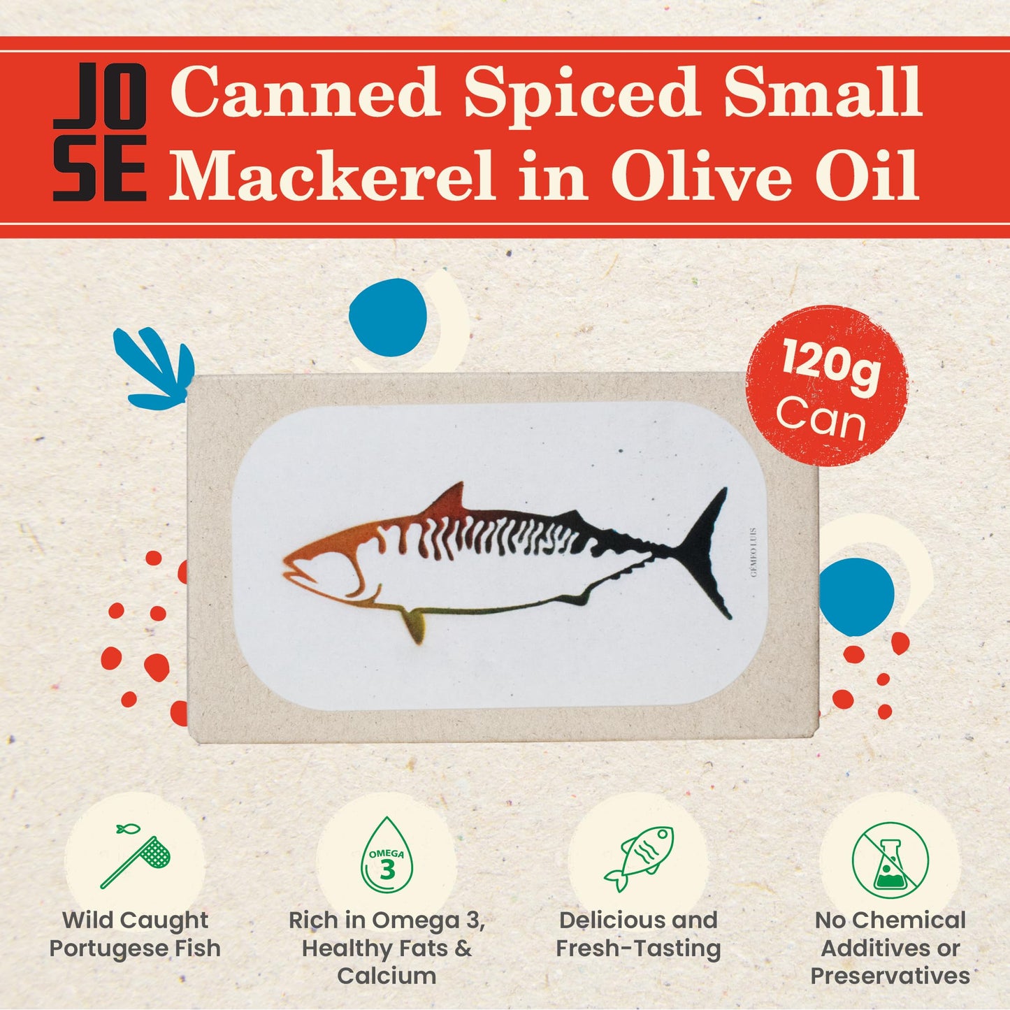 Canned Spiced Small Mackerel in Olive Oil by Jose Gourmet, Wild Caught Portuguese Mackerel, Tinned Fish in Olive Oil, High Protein Sustainable Seafood Snacks, Omega 3, Fair Trade, 120g Can