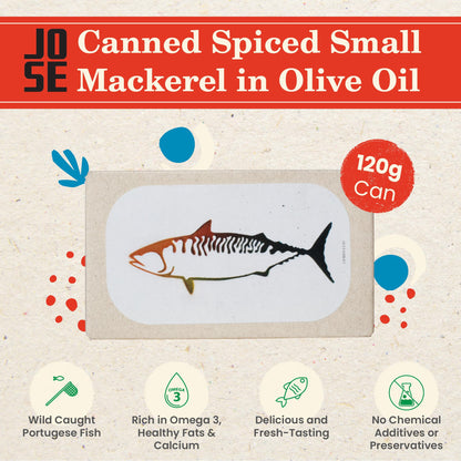 Canned Spiced Small Mackerel in Olive Oil by Jose Gourmet, Wild Caught Portuguese Mackerel, Tinned Fish in Olive Oil, High Protein Sustainable Seafood Snacks, Omega 3, Fair Trade, 120g Can