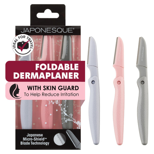 JAPONESQUE Foldable Dermaplaner Facial Razors - 3 Piece Set, Eyebrow And Facial Hair Razor Kit - One Blade Fixed Dermaplane Razor For Women Multicolor
