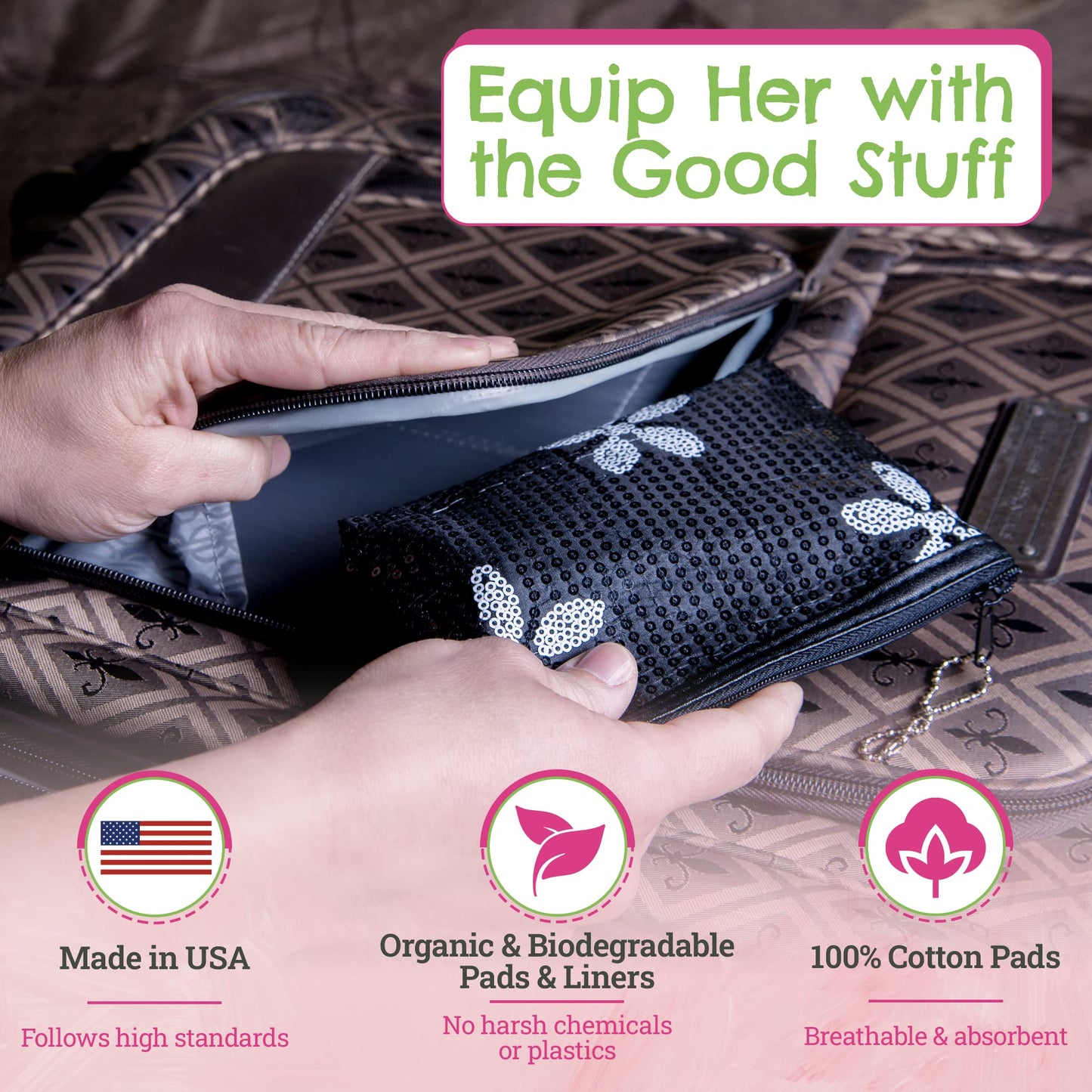 Period Starter Kit - Fashionable and Organic Menstrual Period Survival Kit - When Aunt Flo Makes a Surprise Visit! (Your First Choice to-Go!) (Black)