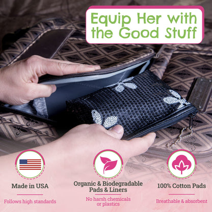 Period Starter Kit - Fashionable and Organic Menstrual Period Survival Kit - When Aunt Flo Makes a Surprise Visit! (Your First Choice to-Go!) (Black)