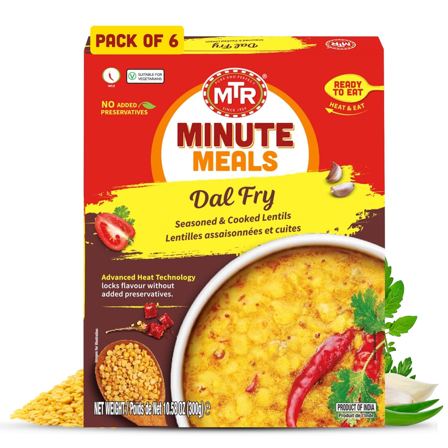 MTR - Minute Meals: Dal Fry - Flavorful Seasoned & Cooked Lentils - Authentic Indian Ready-To-Eat Meal - No Added Preservatives - A Quick Meal Suitable for Vegetarians, Ready in Minutes! (Pack of 6)