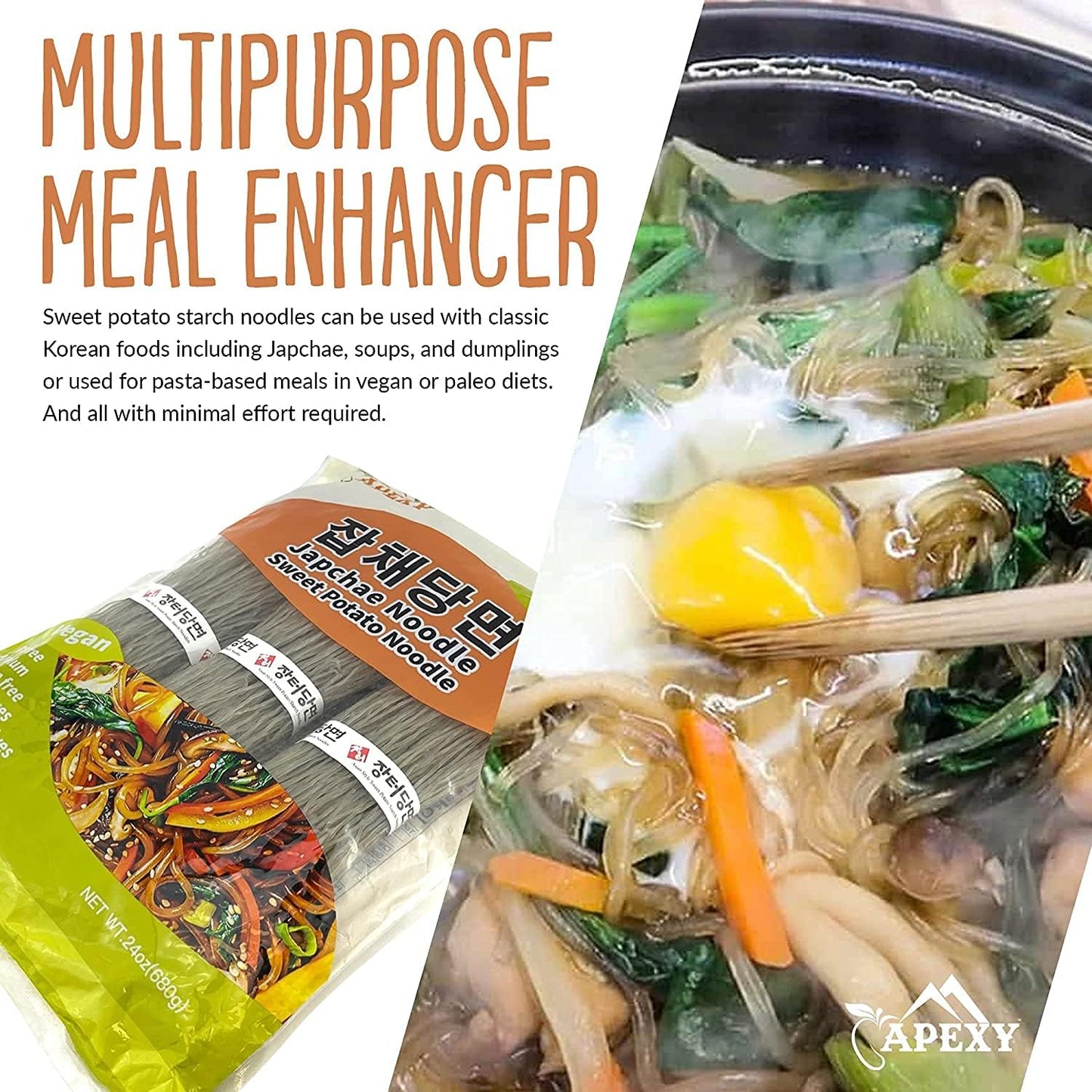 APEXY Sweet Potato Glass Noodles, Japchae Noodles, Korean Vermicelli Pasta, Fat-free and Gluten-free, 100% Sweet Potato Starch, No Additive, No Alum inside, 24oz (680g)