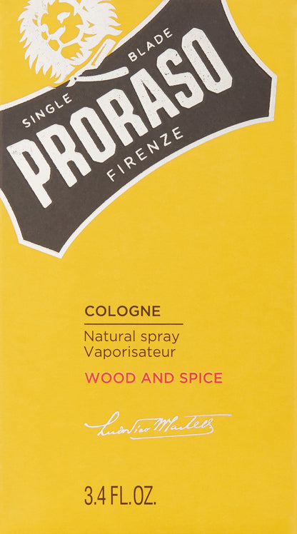 Proraso Wood and Spice Cologne - Masculine Woody Spice Eau de Cologne - Cumin, Saffron, Cedarwood & Vanilla Fragrance for Men - 3.4oz