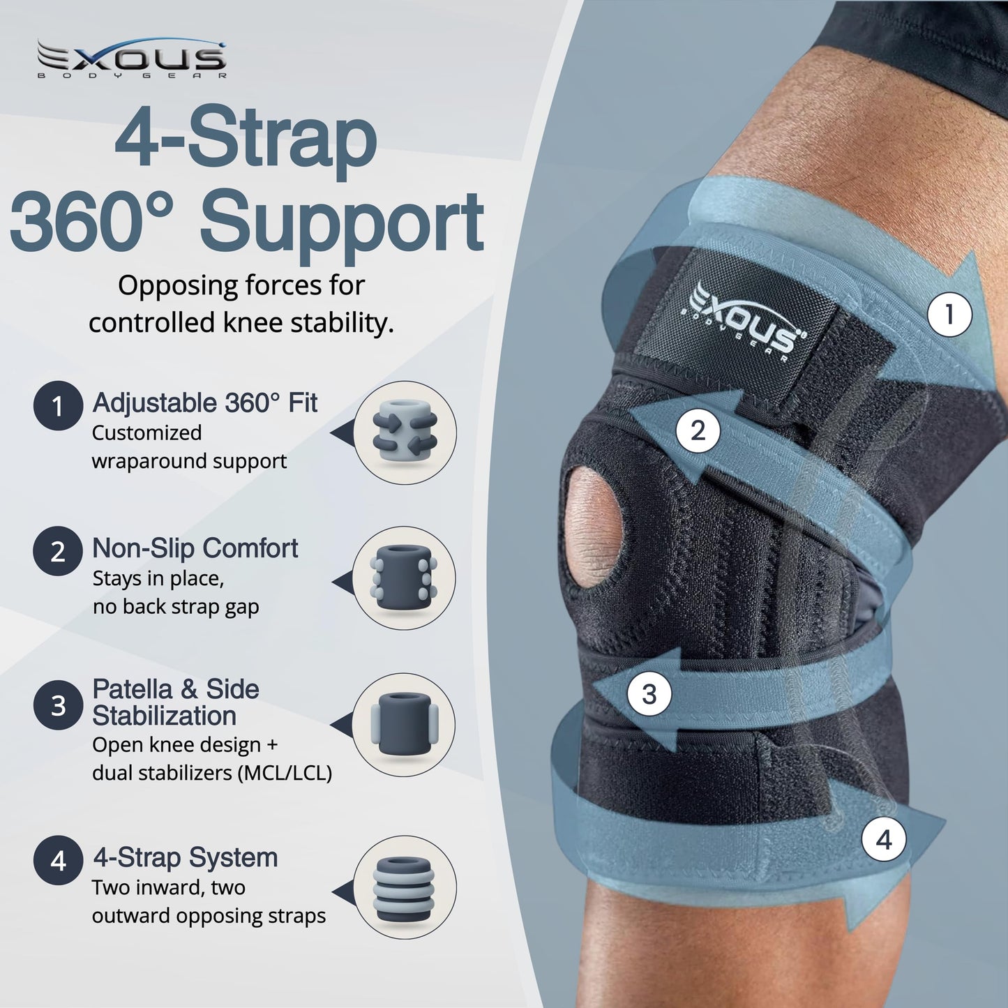 Knee Brace Meniscus Tear Support For Arthritis Acl, Mcl Pain Patented 4-way Adjustable Wraparound Strap Dual Side Stabilizer For Patella Stability Size
