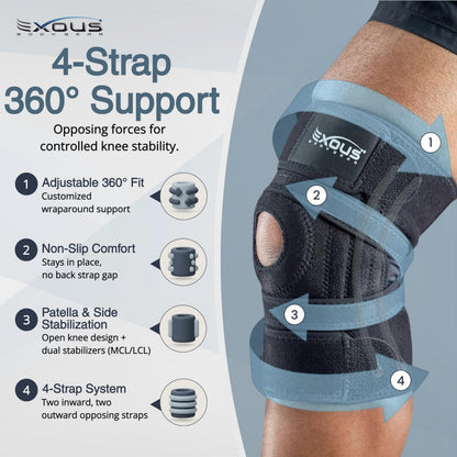 Knee Brace Meniscus Tear Support For Arthritis Acl, Mcl Pain Patented 4-way Adjustable Wraparound Strap Dual Side Stabilizer For Patella Stability Size
