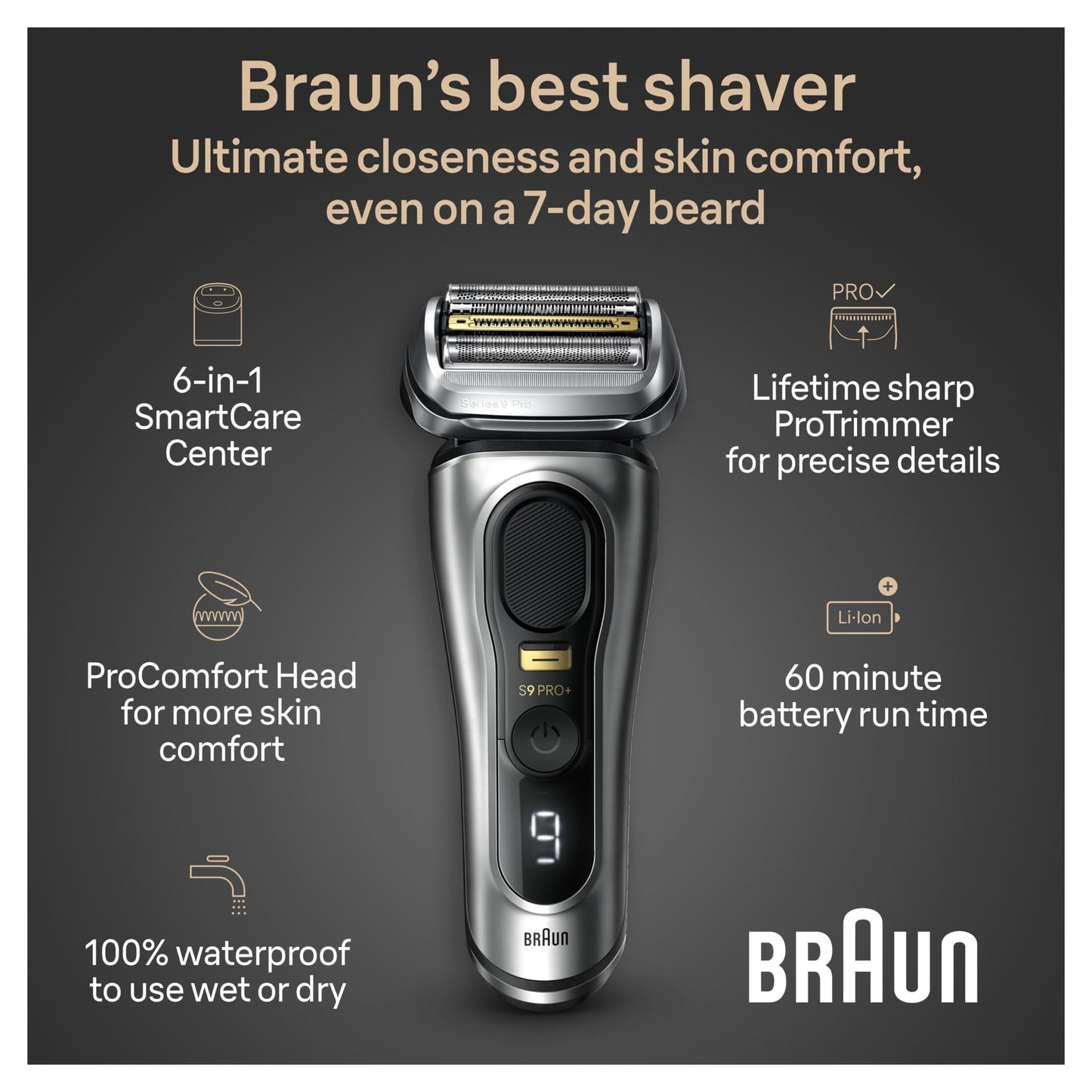 Braun Series 9 PRO+ Electric Razor for Men, 5 Pro Shaving Elements and Shave-Preparing ProComfort Head for Closeness & Skin Comfort, 6in1 SmartCare Center, Wet or Dry Shaver, Charging Stand, 9597cc