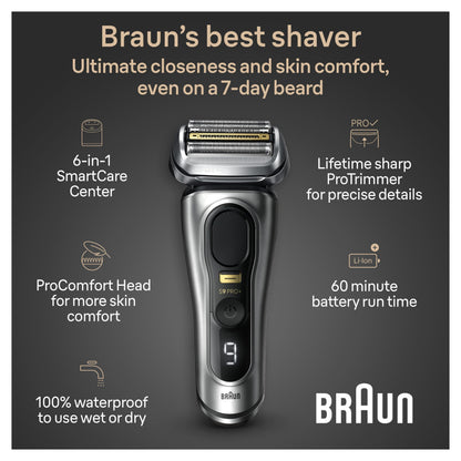 Braun Series 9 PRO+ Electric Razor for Men, 5 Pro Shaving Elements and Shave-Preparing ProComfort Head for Closeness & Skin Comfort, 6in1 SmartCare Center, Wet or Dry Shaver, Charging Stand, 9597cc