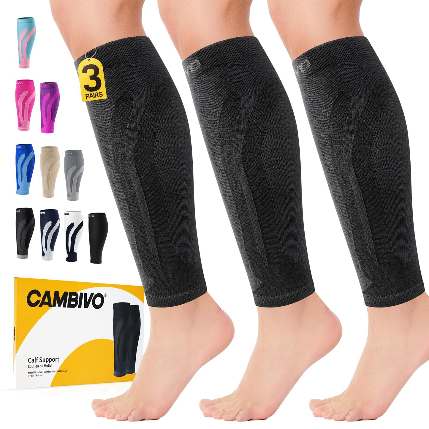 CAMBIVO 3-Pair Calf Compression Sleeves for Men & Women – Footless Socks for Shin Splints & Leg Pain Relief, 1 Pair Available