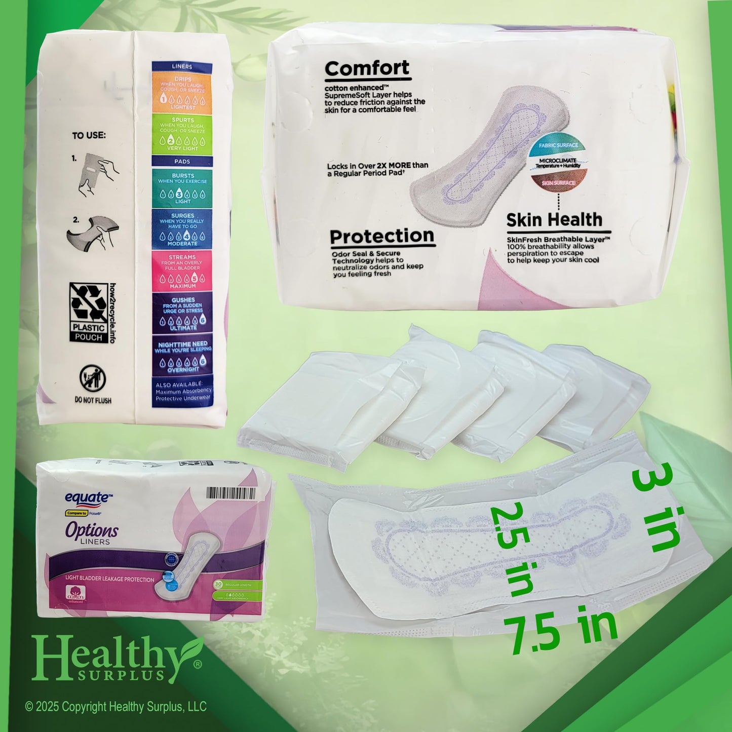 Equate Options Liners - 2 Packs of 30 (60 Total) - Light Bladder Leakage Protection - Regular Length and Vital Volumes Tips Card Bundle