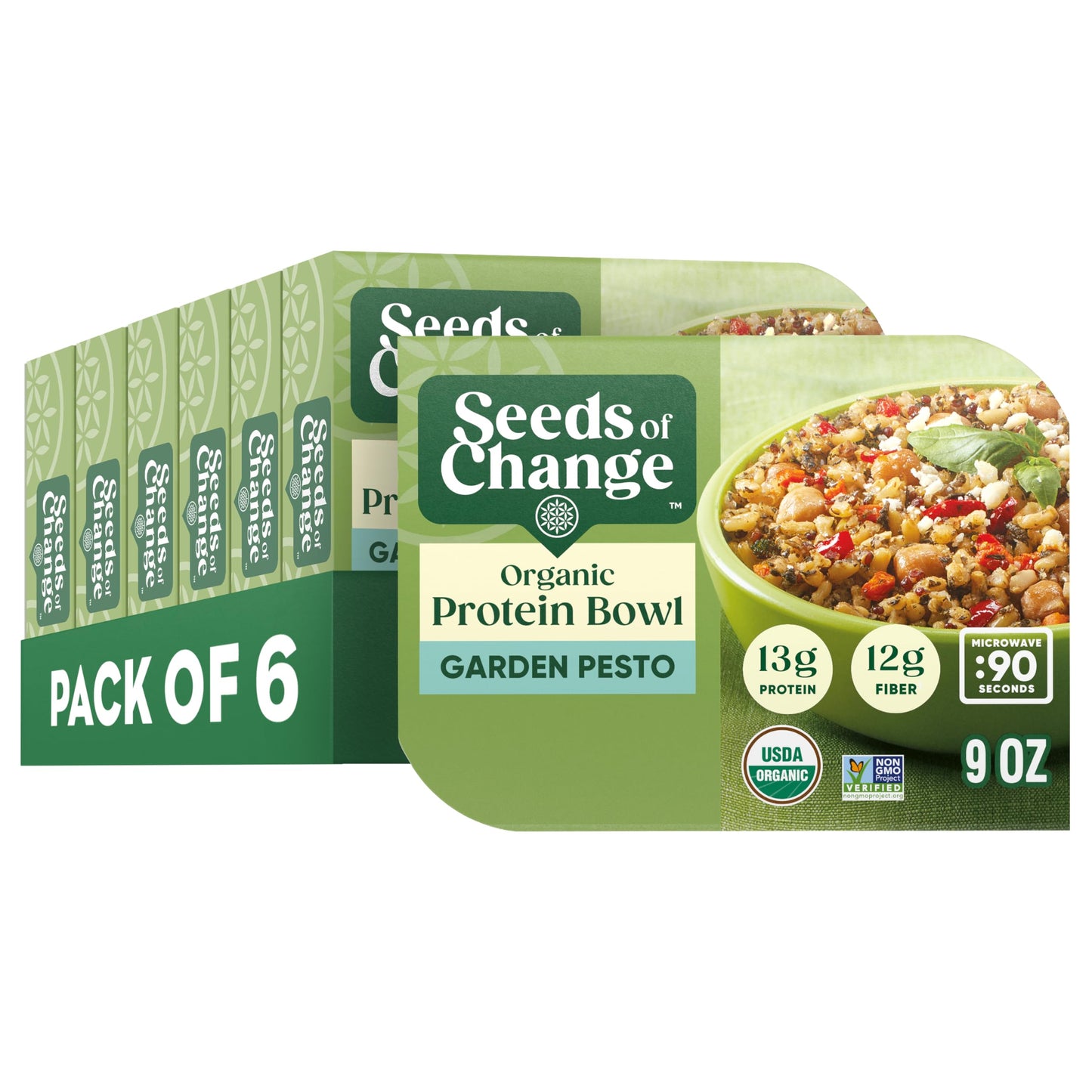 SEEDS OF CHANGE Organic High Protein Bowl Garden Pesto, Prepared Entrée, Microwave in 90 Seconds, 9 oz (Pack of 6)