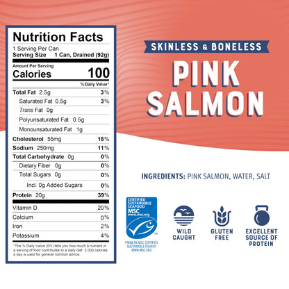 Bumble Bee Skinless & Boneless Canned Pink Salmon in Water, 5 oz Can - Premium Wild Caught Salmon - 20g Protein per Serving - Gluten Free, Kosher, MSC Certified