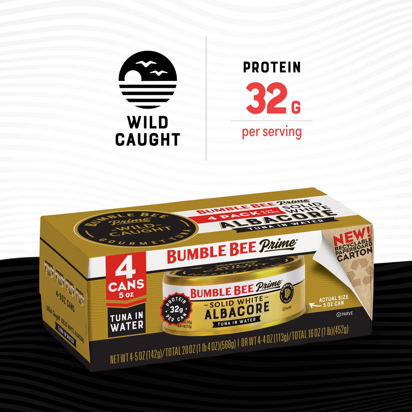 Bumble Bee Prime Solid White Albacore Tuna in Water, 5 oz Easy Open Cans (Pack of 4) - Premium Wild Caught Tuna - 32g Protein per Serving - Non-GMO Project Verified, Gluten Free, Kosher