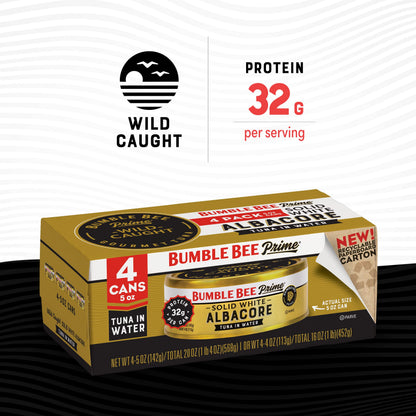 Bumble Bee Prime Solid White Albacore Tuna in Water, 5 oz Easy Open Cans (Pack of 4) - Premium Wild Caught Tuna - 32g Protein per Serving - Non-GMO Project Verified, Gluten Free, Kosher