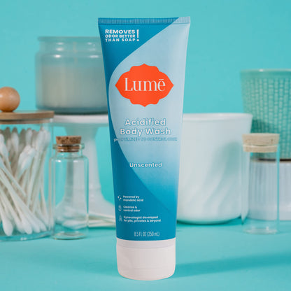 Lume Acidified Body Wash (Unscented) and Acidified Deodorant Wipes (Cool Cucumber) - 24 Hour Odor Control - Removes Odor Better than Soap - Moisturizing Formula - Aluminum Free, Baking Soda Free