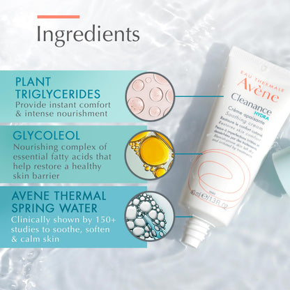 Avène Cleanance HYDRA Soothing Cream, Rich Moisturizer, Adjunctive Care for Drying Acne Treatments, 1.3 Oz