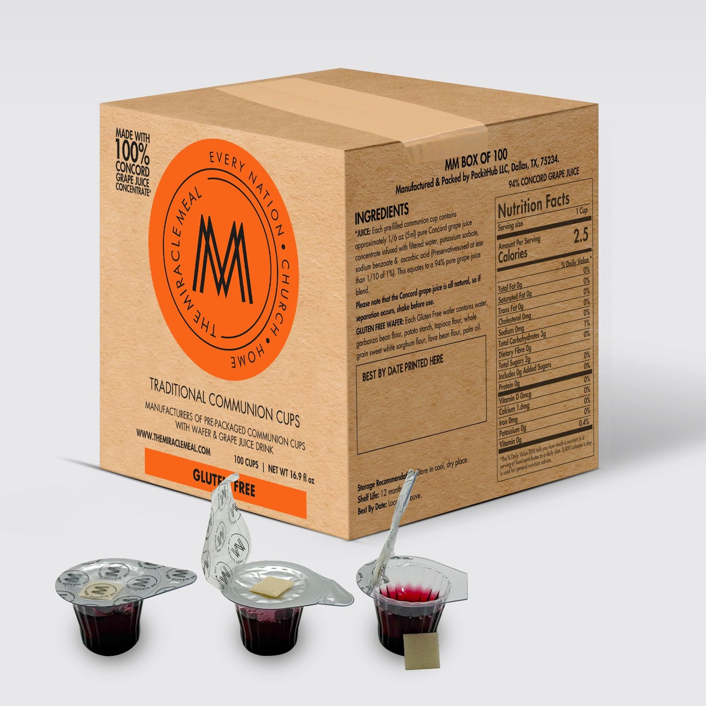 PACK IT HUB The Miracle Meal Pre-filled Communion Cups and Wafer Set Gluten Free - Box of 100 - with 100% Trusted Concord Grape Juice & Gluten Free Wafer
