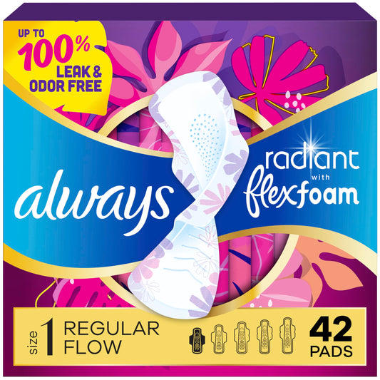 Always Radiant Feminine Pads for Women, Flexfoam Pads with Wings, Size 1, Regular Absorbency, Lightly Scented, 42 Count