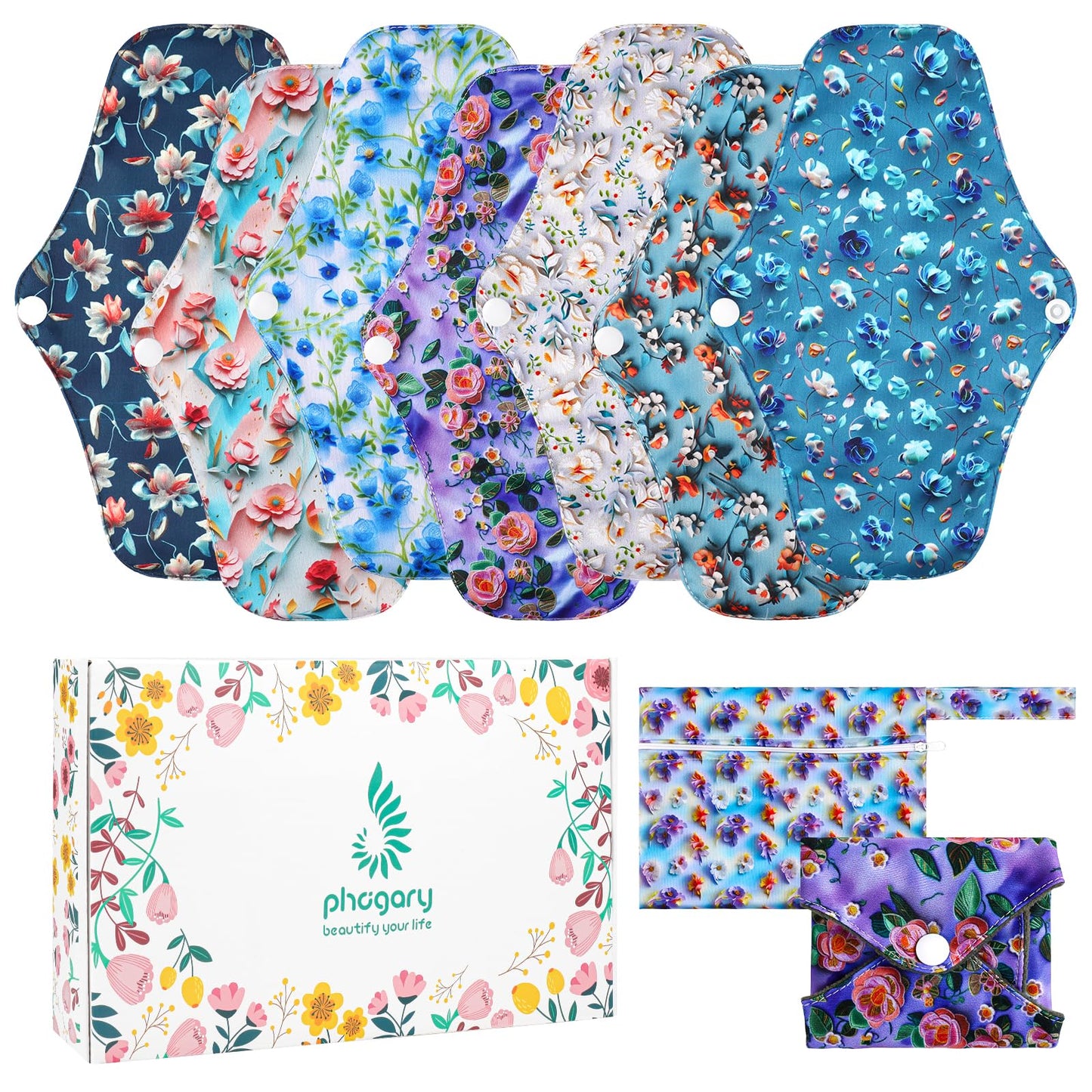 PHOGARY 7 Packs Reusable Menstrual Pads with Wings for Women, Washable Overnight Cloth Panty Liners Sanitary Pads for Heavy Flow with Wet Bag