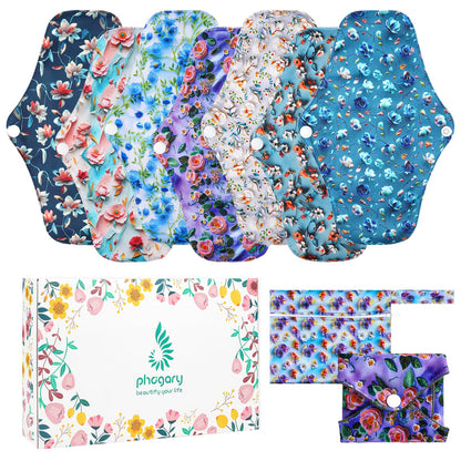 PHOGARY 7 Packs Reusable Menstrual Pads with Wings for Women, Washable Overnight Cloth Panty Liners Sanitary Pads for Heavy Flow with Wet Bag