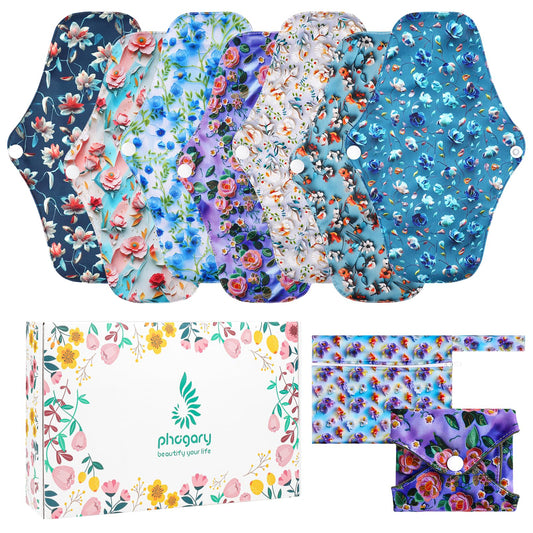 PHOGARY 7 Packs Reusable Menstrual Pads with Wings for Women, Washable Overnight Cloth Panty Liners Sanitary Pads for Heavy Flow with Wet Bag